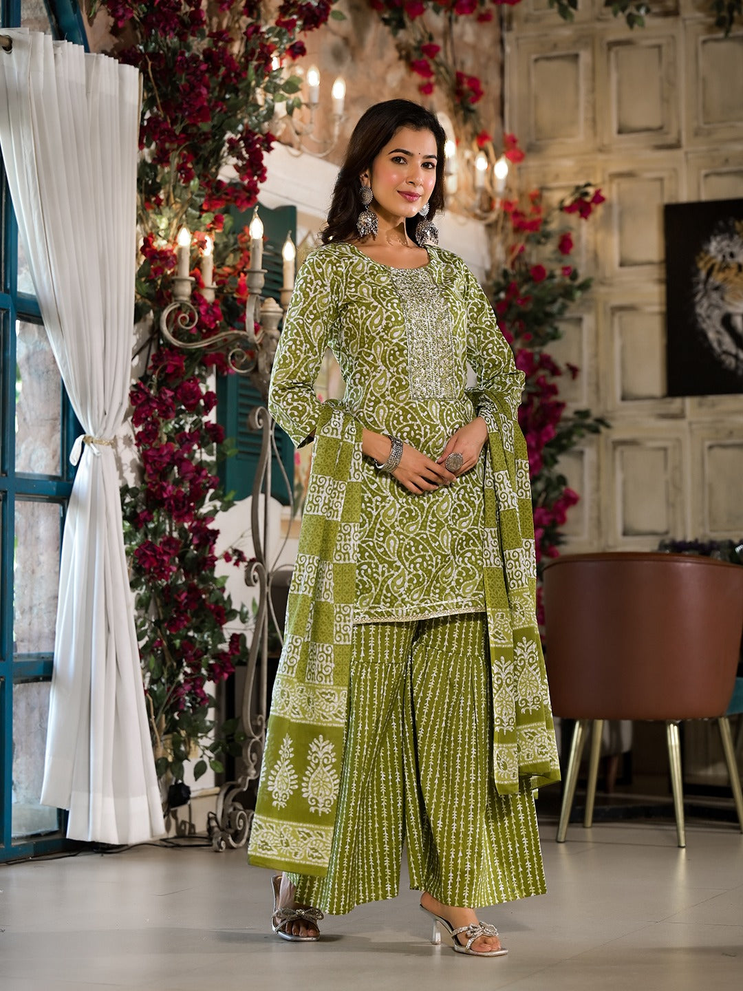 Yufta Olive Green Ethnic Motifs Zari_Work Kurta Sharara With Dupatta Set - Distacart