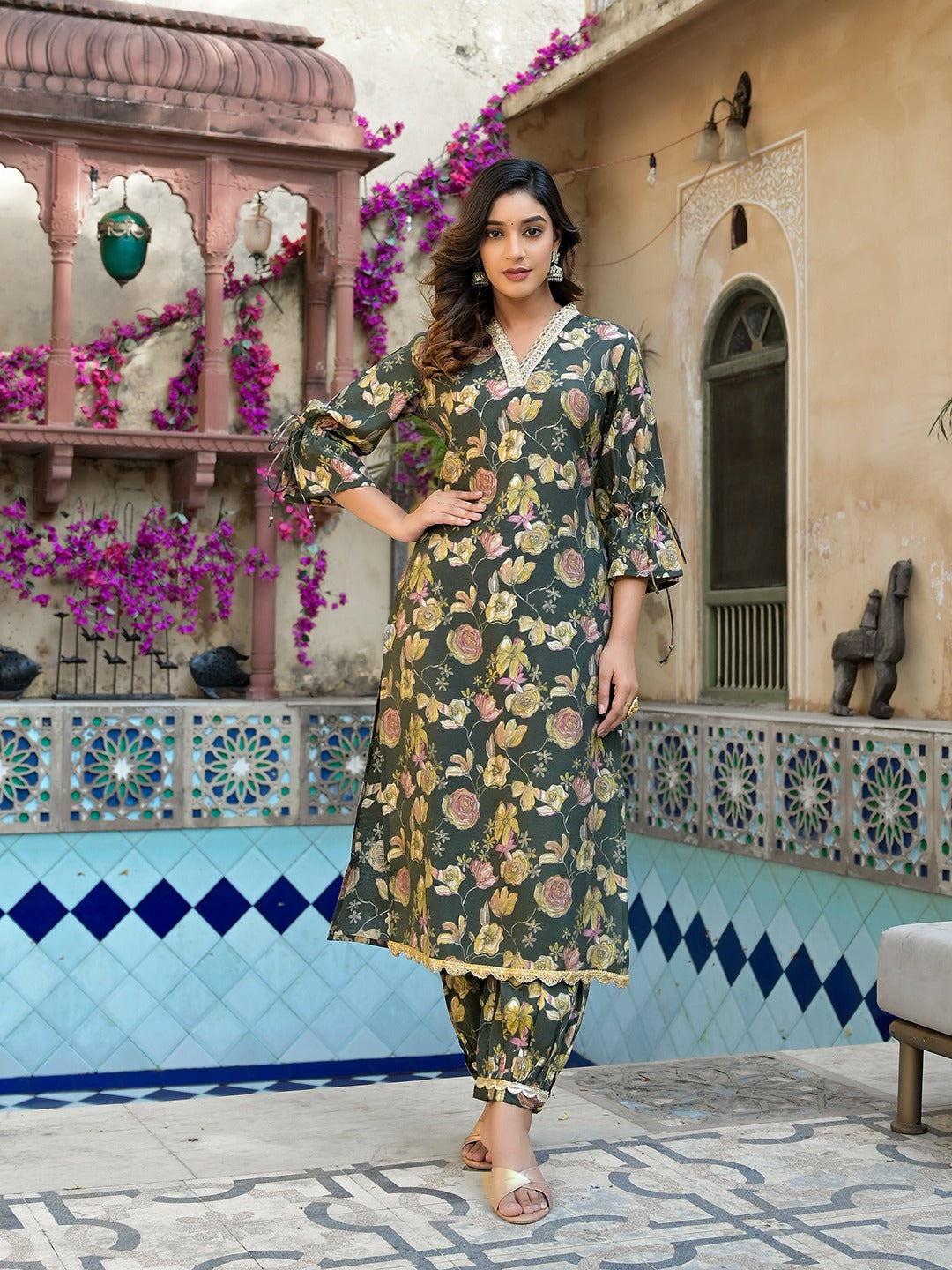 Yufta Olive Green Floral Print Straight Kurta Trouser Set - Distacart