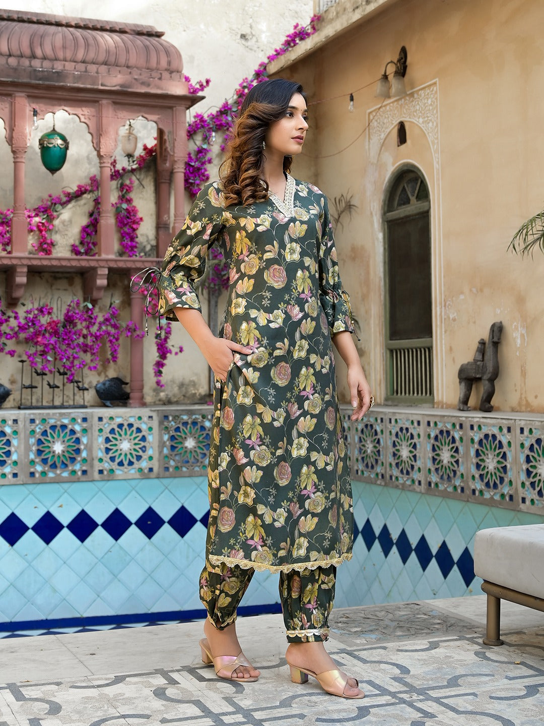 Yufta Olive Green Floral Print Straight Kurta Trouser Set