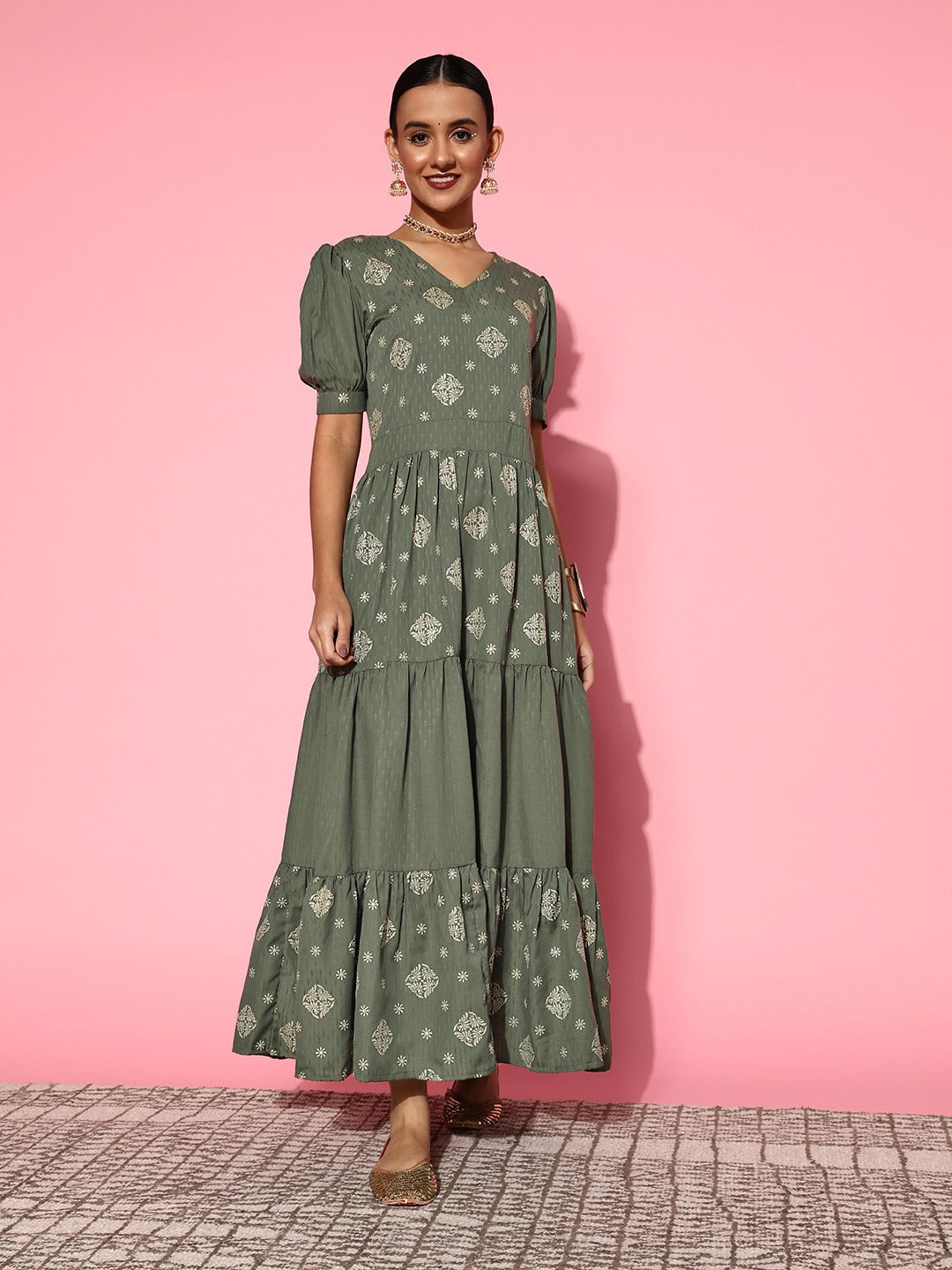 Yufta Olive Green Maxi Dress - Distacart