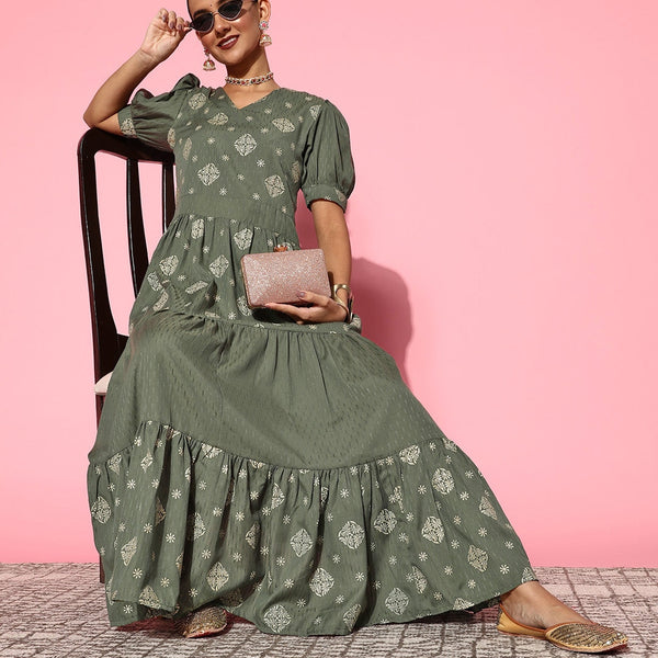 Yufta Olive Green Maxi Dress - Distacart