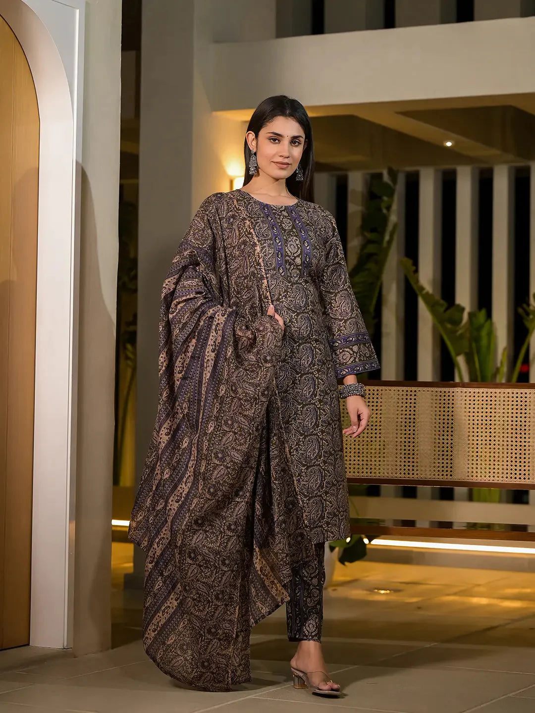 Yufta Olive Pure Cotton Paisley Print Pakistani Style Kurta And Trousers With Dupatta Set - Distacart