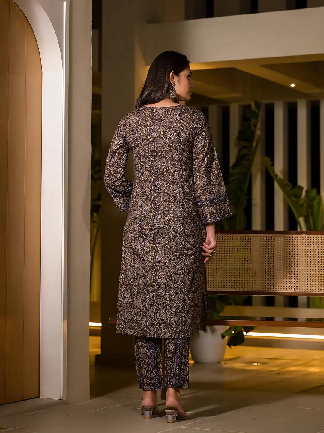 Yufta Olive Pure Cotton Paisley Print Pakistani Style Kurta And Trousers With Dupatta Set