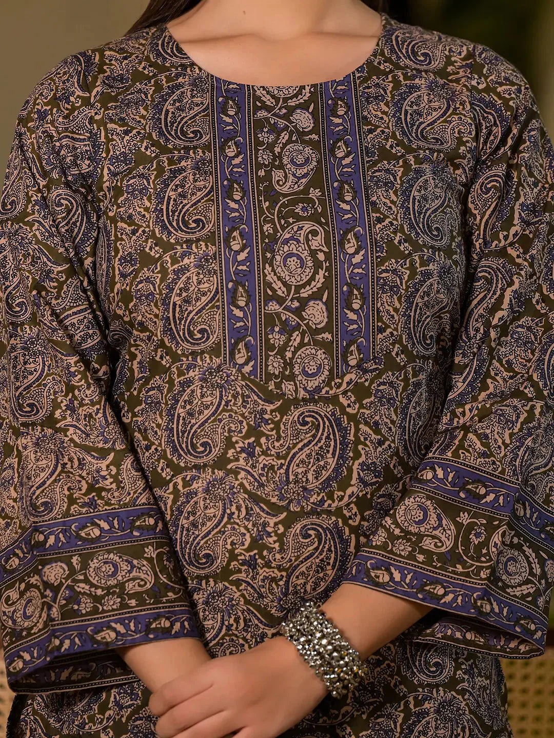 Yufta Olive Pure Cotton Paisley Print Pakistani Style Kurta And Trousers With Dupatta Set