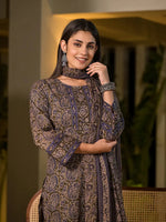 Thumbnail for Yufta Olive Pure Cotton Paisley Print Pakistani Style Kurta And Trousers With Dupatta Set