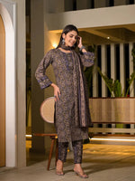 Thumbnail for Yufta Olive Pure Cotton Paisley Print Pakistani Style Kurta And Trousers With Dupatta Set