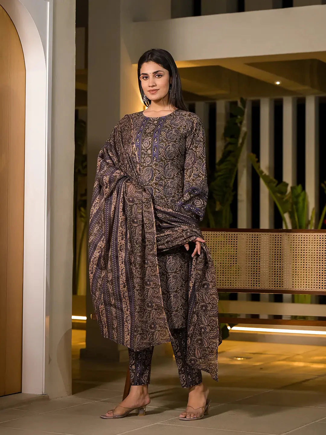 Yufta Olive Pure Cotton Paisley Print Pakistani Style Kurta And Trousers With Dupatta Set