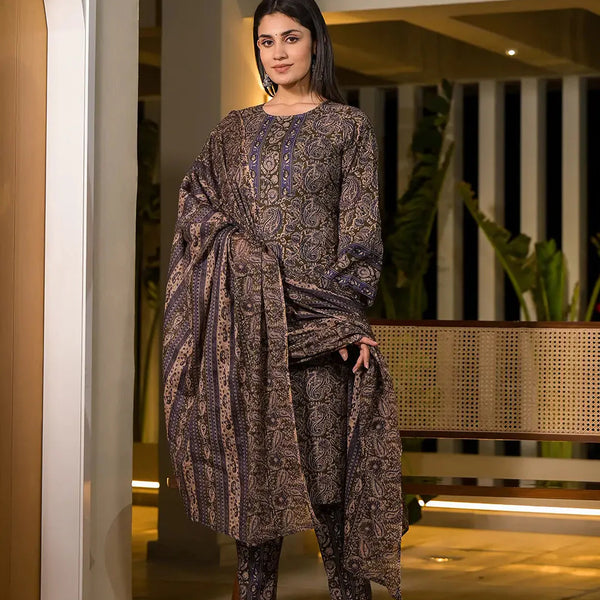 Yufta Olive Pure Cotton Paisley Print Pakistani Style Kurta And Trousers With Dupatta Set - Distacart