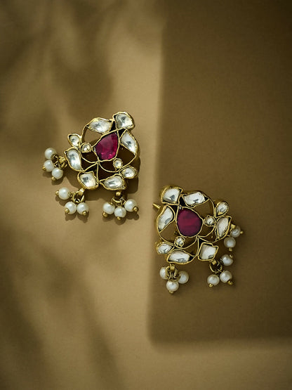 Nuyug 22K Gold-Plated Elegant Kundan & Ruby Stone Studded & Beaded Studs - Distacart