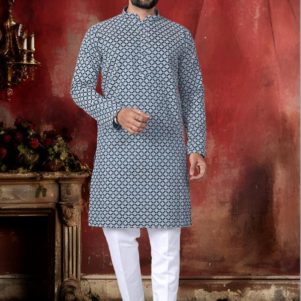 Neera Trendz Blue Cotton Thread Embroidery Men's Kurta Pajama - Distacart