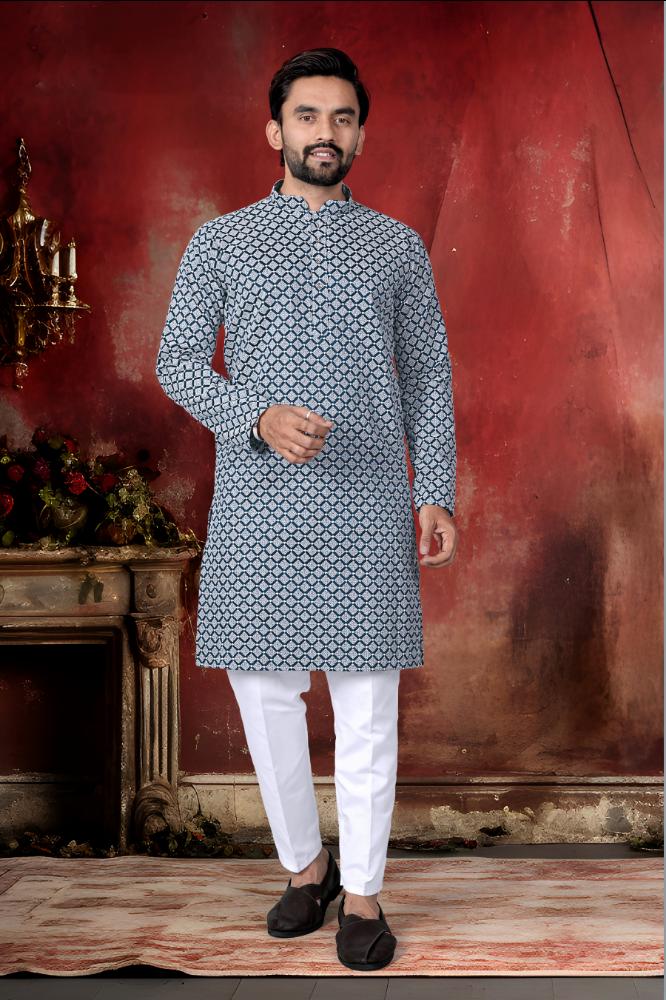 Neera Trendz Blue Cotton Thread Embroidery Men's Kurta Pajama - Distacart