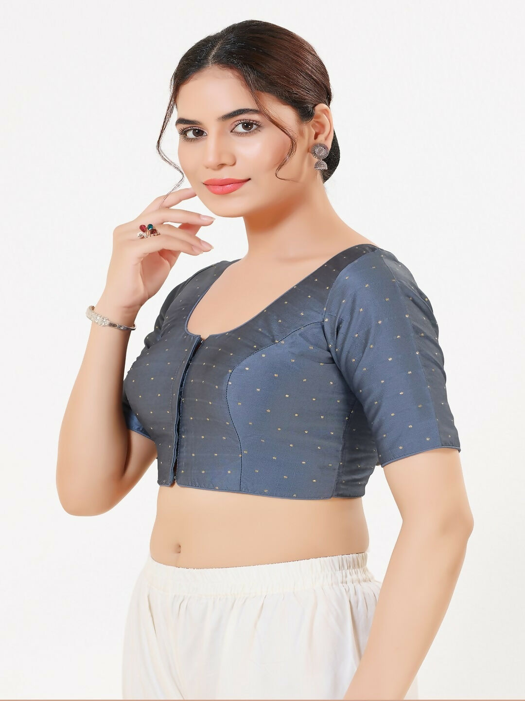 Joban Fashion Dark-Grey Taffeta Silk Elbow Sleeveless Front Open Blouse