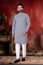 Thumbnail for Neera Trendz Grey Cotton Thread Embroidery Men's Kurta Pajama - Distacart