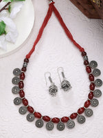 Thumbnail for NVR Women's Red Silver-Plated Choke Oxidized Necklace with Jhumka Earrings - Distacart