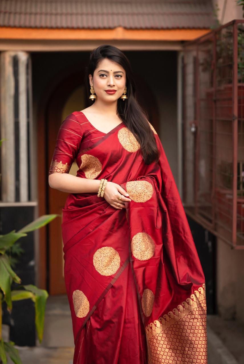 Maroon Silk Woven Saree with Unstitched Blouse - Hiral Fashion - Distacart