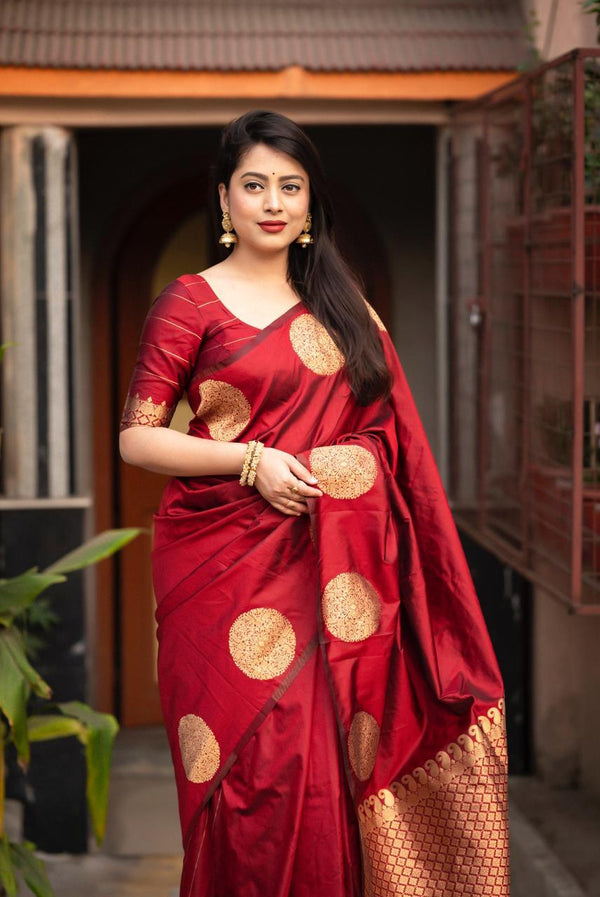 Maroon Silk Woven Saree with Unstitched Blouse - Hiral Fashion - Distacart