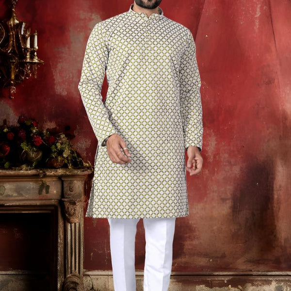 Neera Trendz Olive Cotton Thread Embroidery Men's Kurta Pajama - Distacart