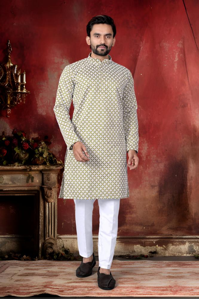 Neera Trendz Olive Cotton Thread Embroidery Men's Kurta Pajama - Distacart