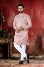 Thumbnail for Neera Trendz Peach Cotton Thread Embroidery Men's Kurta Pajama - Distacart