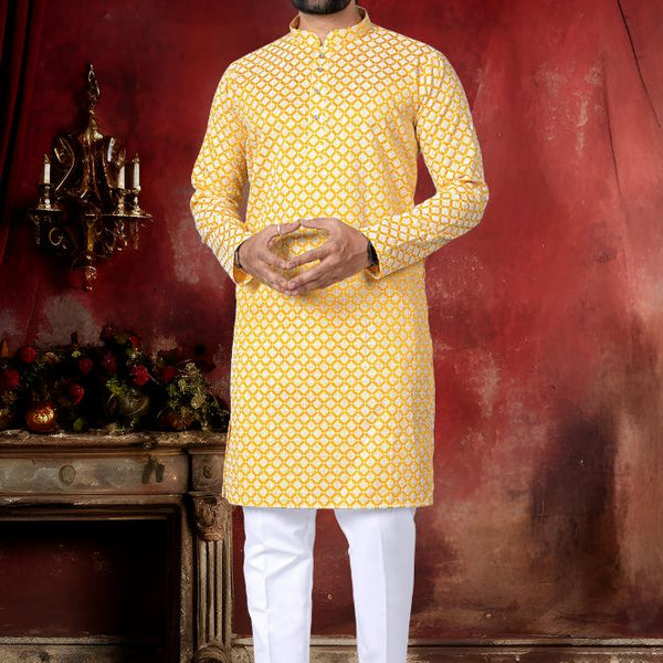 Neera Trendz Yellow Cotton Thread Embroidery Men's Kurta Pajama - Distacart