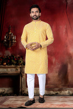 Thumbnail for Neera Trendz Yellow Cotton Thread Embroidery Men's Kurta Pajama - Distacart