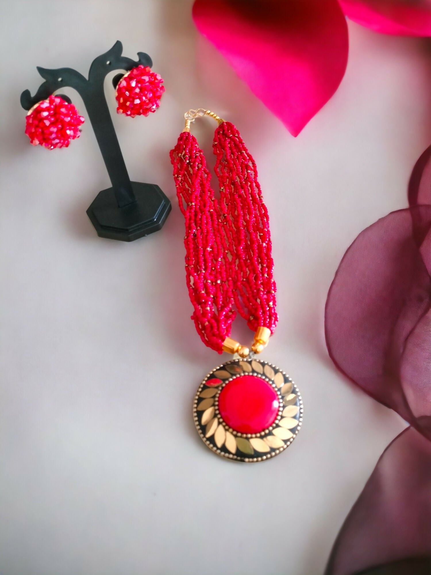 Inhanns All-Day Statement Beaded Necklace Set - Red - Distacart