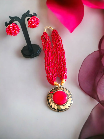 Inhanns All-Day Statement Beaded Necklace Set - Red - Distacart