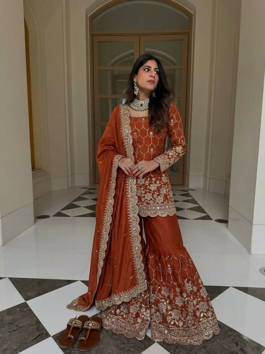 Teeya Creation New Trendy Latest Designer Embroidery Sharara Kurta Set -Orange - Dista