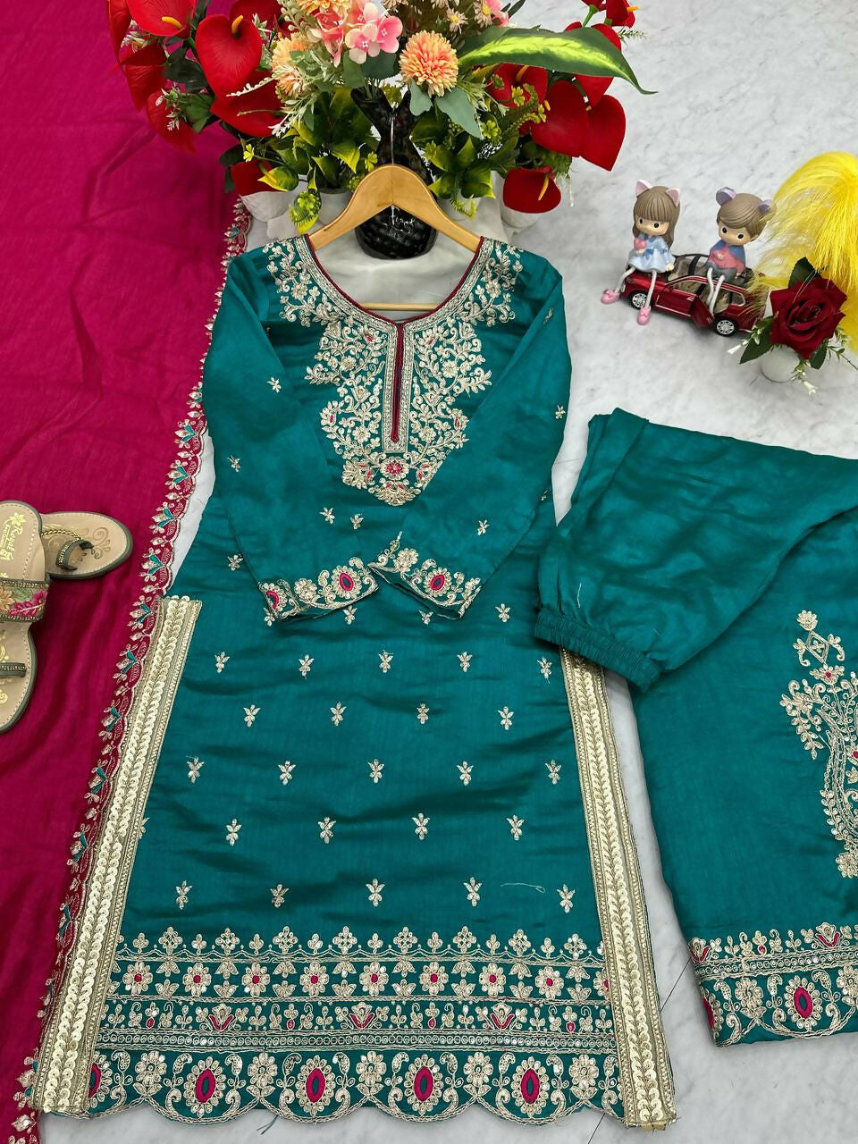 Teeya Creation Womens New Wedding Wear Heavy Embroidery Thread Work Teal Kurta Set - Dista