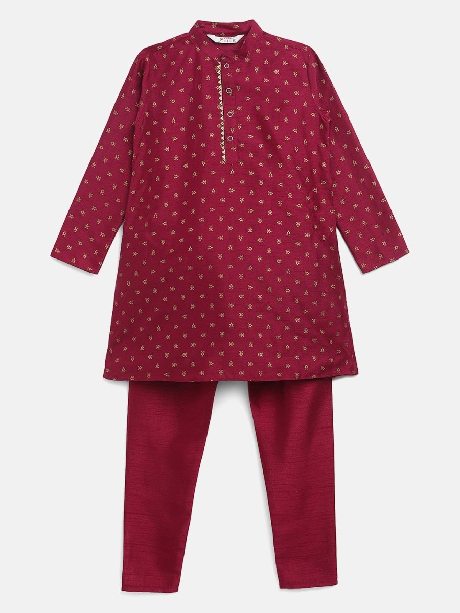 Ahalyaa Boys Wine Poly Silk Gold Printed Kids Kurta Churidar Set - Distacart