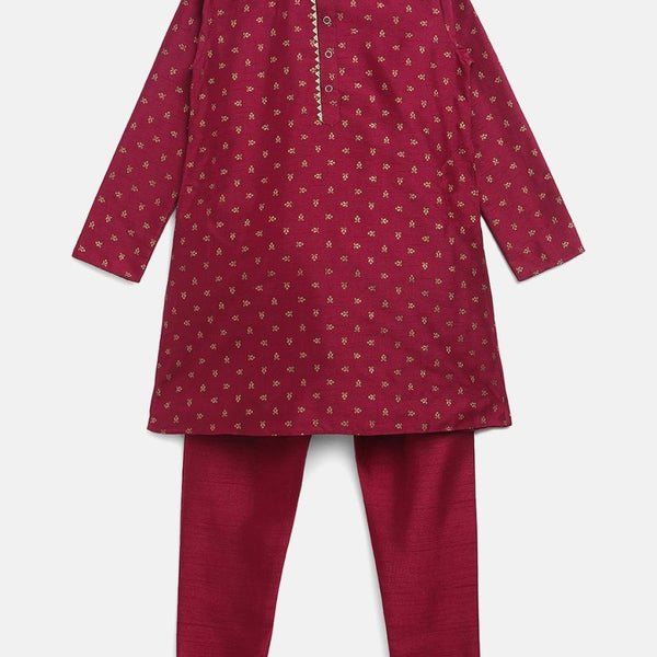 Ahalyaa Boys Wine Poly Silk Gold Printed Kids Kurta Churidar Set - Distacart