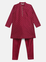 Thumbnail for Ahalyaa Boys Wine Poly Silk Gold Printed Kids Kurta Churidar Set - Distacart