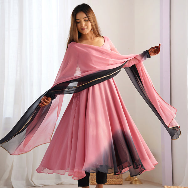 Lorenvalley Women Pure Soft Faux Georgette Colorful Padding Anarkali Kurta Pant With Dupatta Set - Onionpink - Distacart