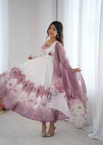 Thumbnail for Lorenvalley Fashion Soft Organza Silk Front On Fancy Badla Jari Work Flower Position Print Outing Work Anarkali Kurta Pant With Dupatta Set