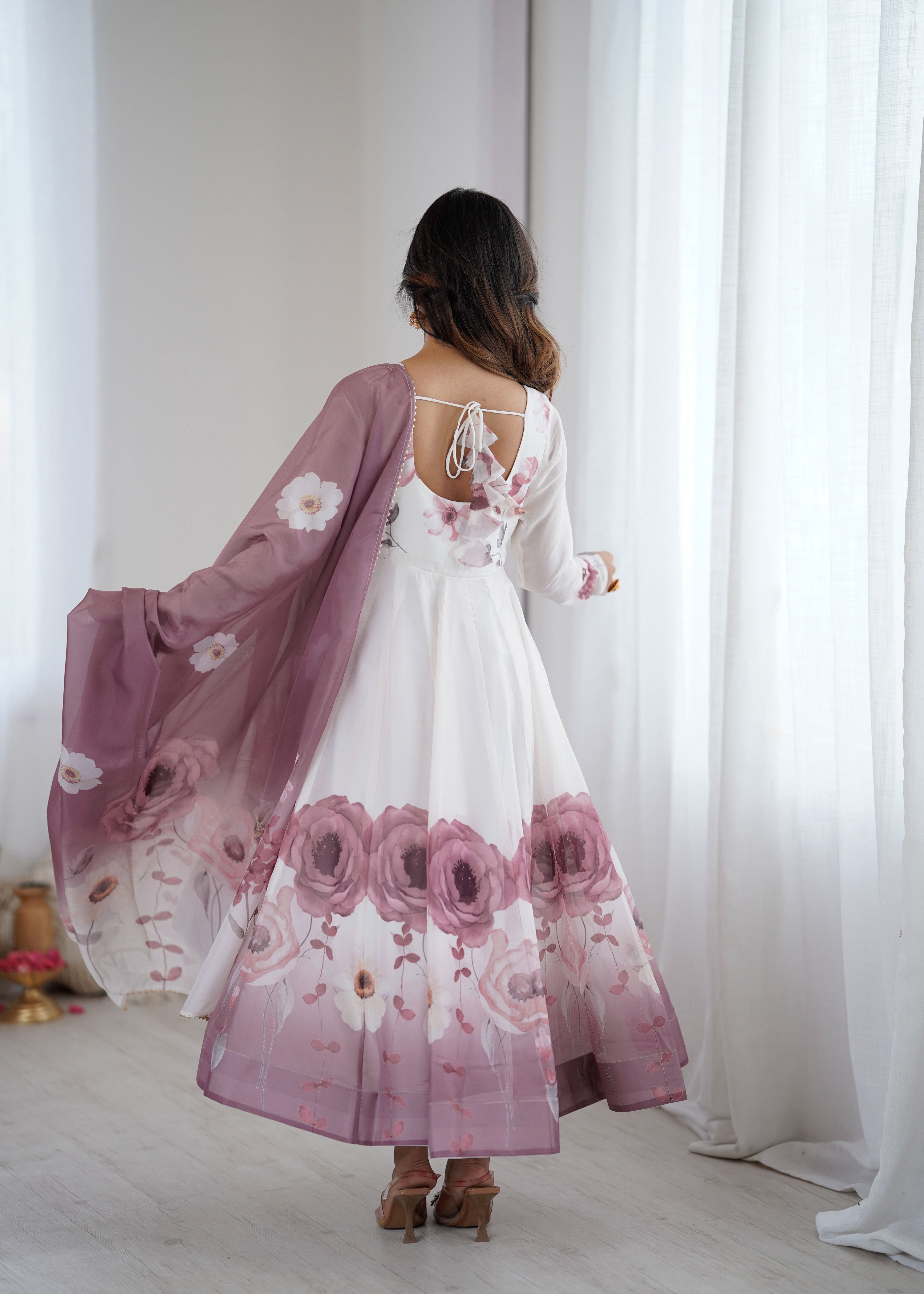 Lorenvalley Fashion Soft Organza Silk Front On Fancy Badla Jari Work Flower Position Print Outing Work Anarkali Kurta Pant With Dupatta Set