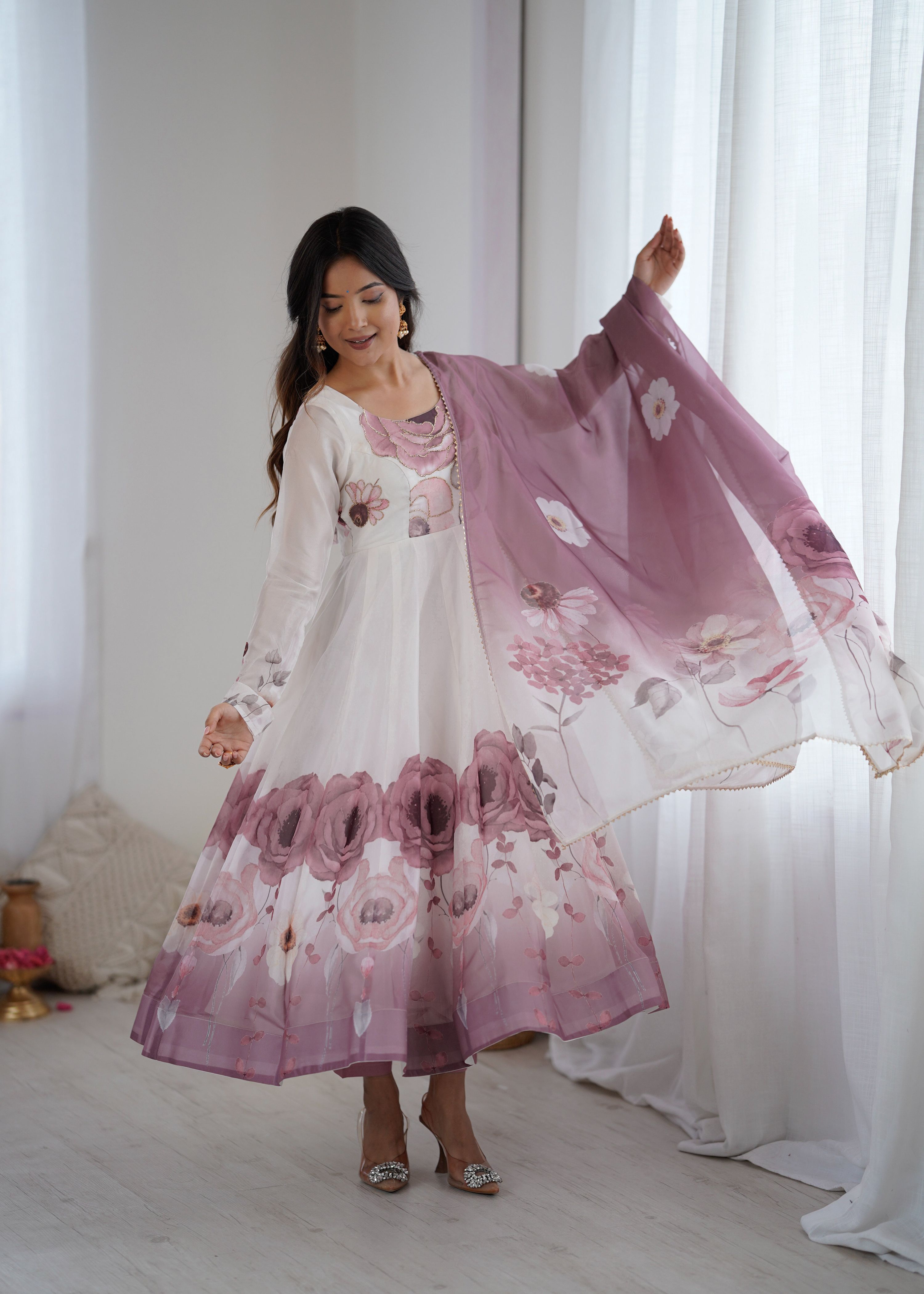 Lorenvalley Fashion Soft Organza Silk Front On Fancy Badla Jari Work Flower Position Print Outing Work Anarkali Kurta Pant With Dupatta Set