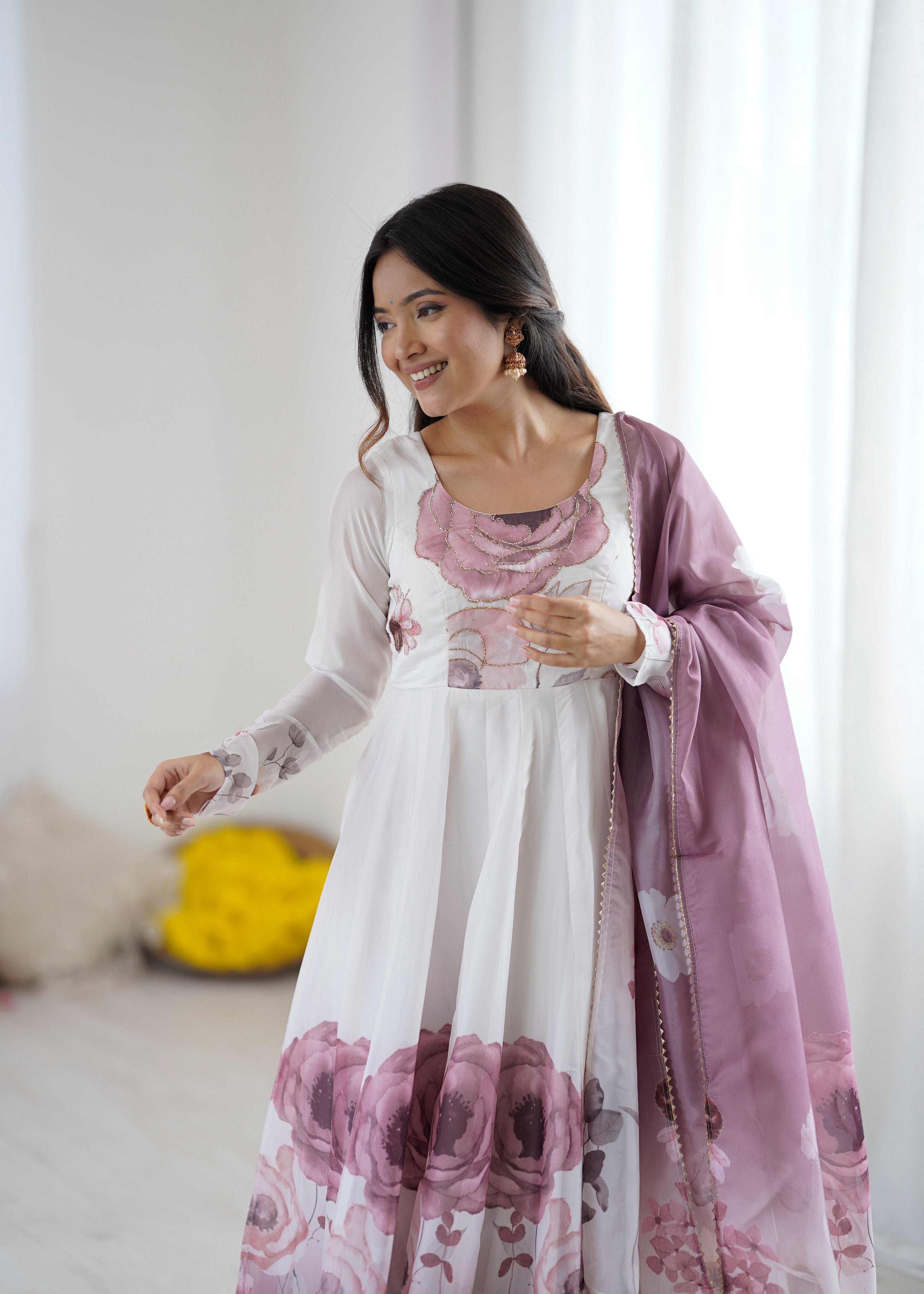 Lorenvalley Fashion Soft Organza Silk Front On Fancy Badla Jari Work Flower Position Print Outing Work Anarkali Kurta Pant With Dupatta Set