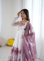 Thumbnail for Lorenvalley Fashion Soft Organza Silk Front On Fancy Badla Jari Work Flower Position Print Outing Work Anarkali Kurta Pant With Dupatta Set