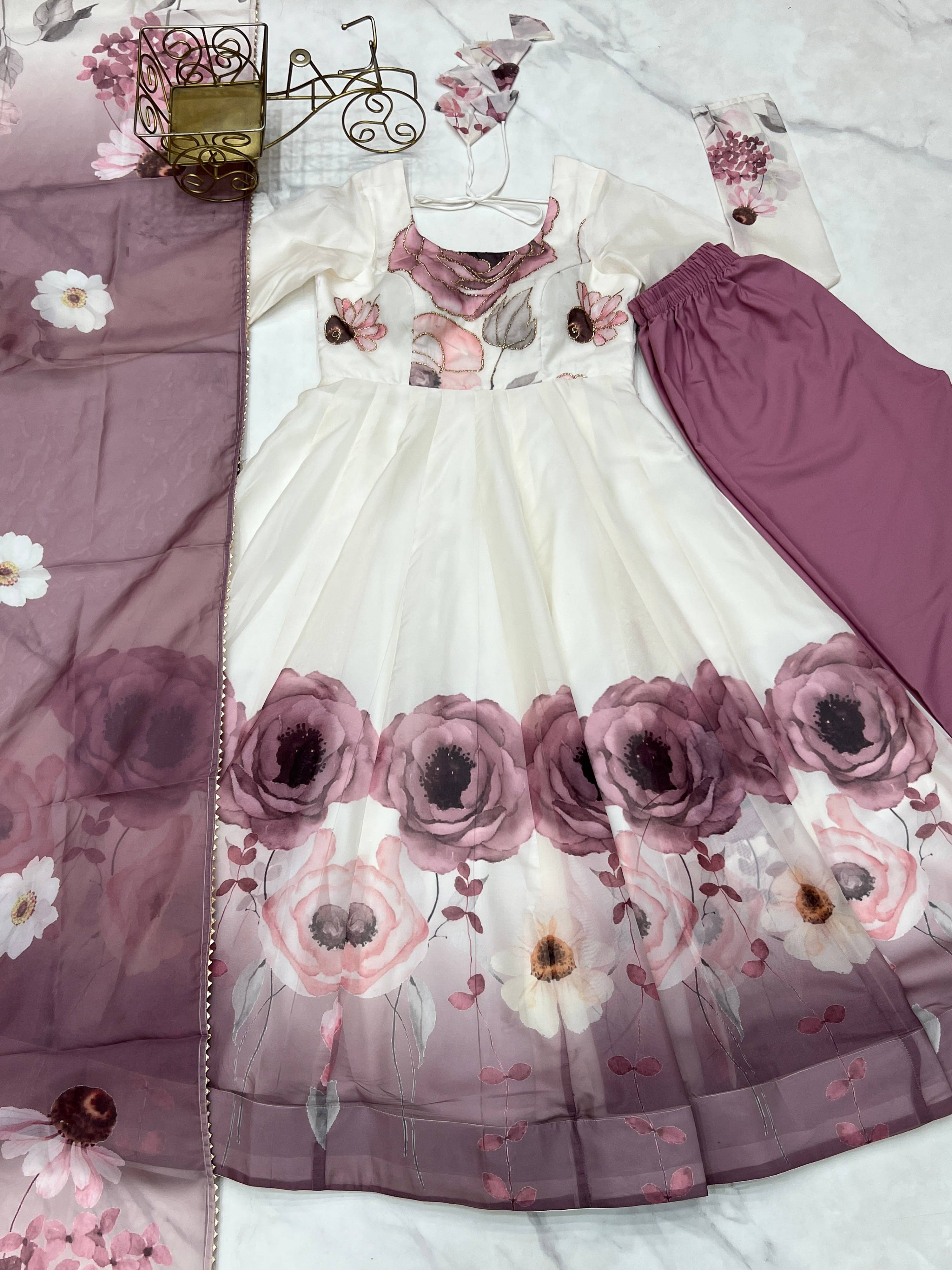 Lorenvalley Fashion Soft Organza Silk Front On Fancy Badla Jari Work Flower Position Print Outing Work Anarkali Kurta Pant With Dupatta Set