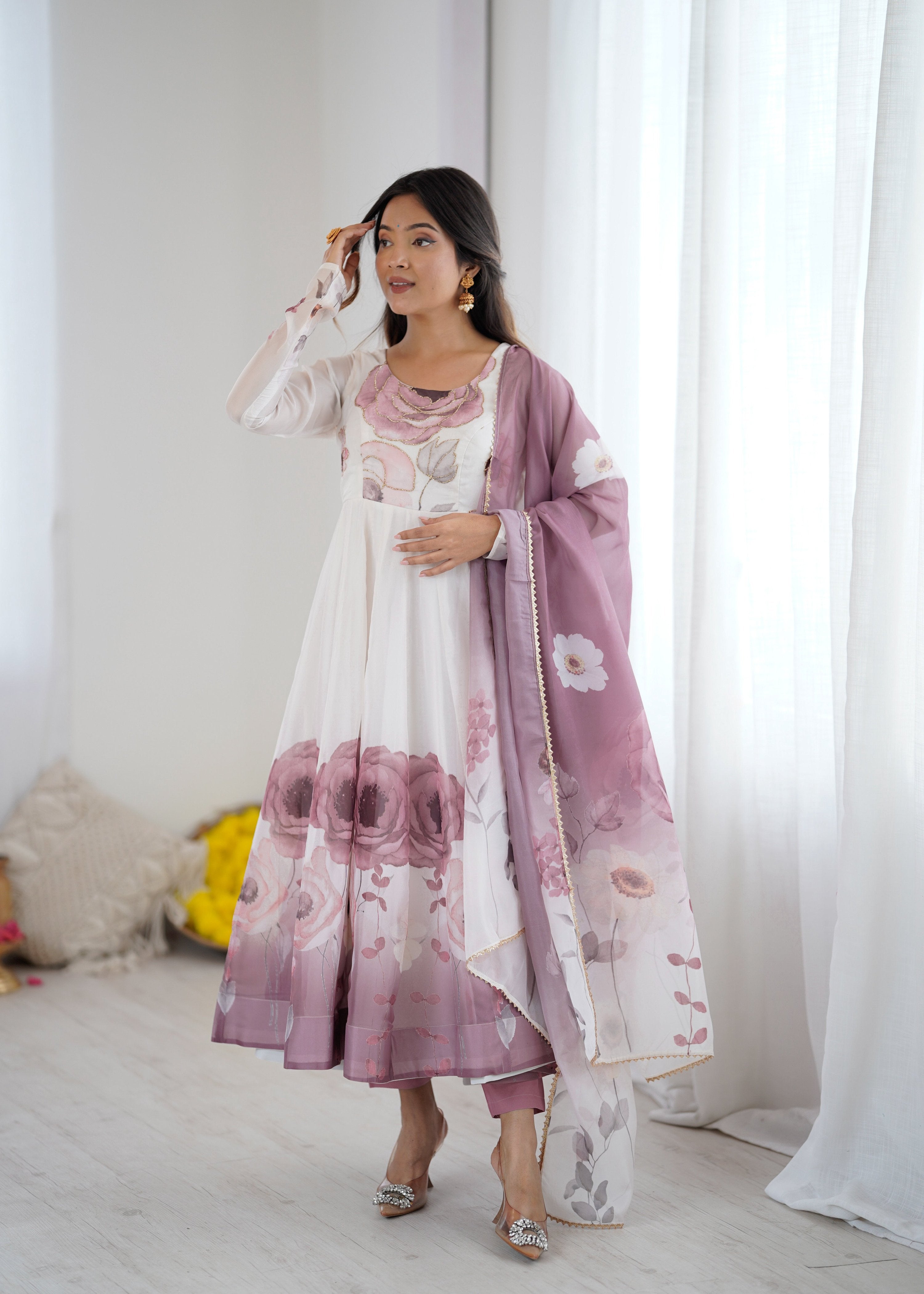 Lorenvalley Fashion Soft Organza Silk Front On Fancy Badla Jari Work Flower Position Print Outing Work Anarkali Kurta Pant With Dupatta Set - Distacart