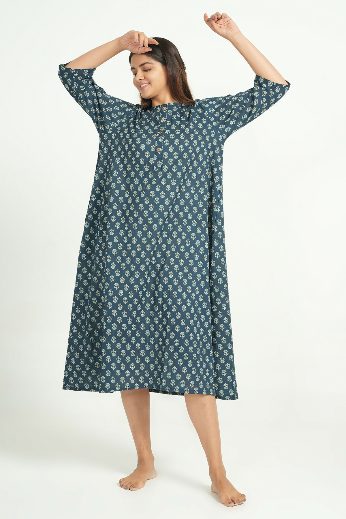Breathables Women Cotton Printed Loungewear Short Dress Blue I Night Wear | Nighty | Maternity Gown - Dista