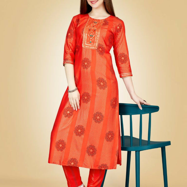 Jyoti Fashion Women's Orange Viscose Rayon Embroidered Kurta Pant Set - Distacart