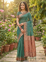 Thumbnail for Shree Shyam Fashion Green Linen Cotton Saree - Distacart