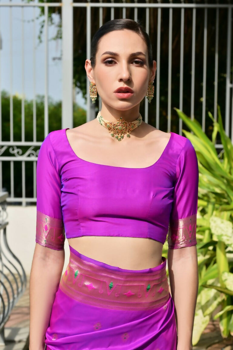Vishnu Weaves Women's Purple Paithani Silk Zari Woven Saree with Blouse