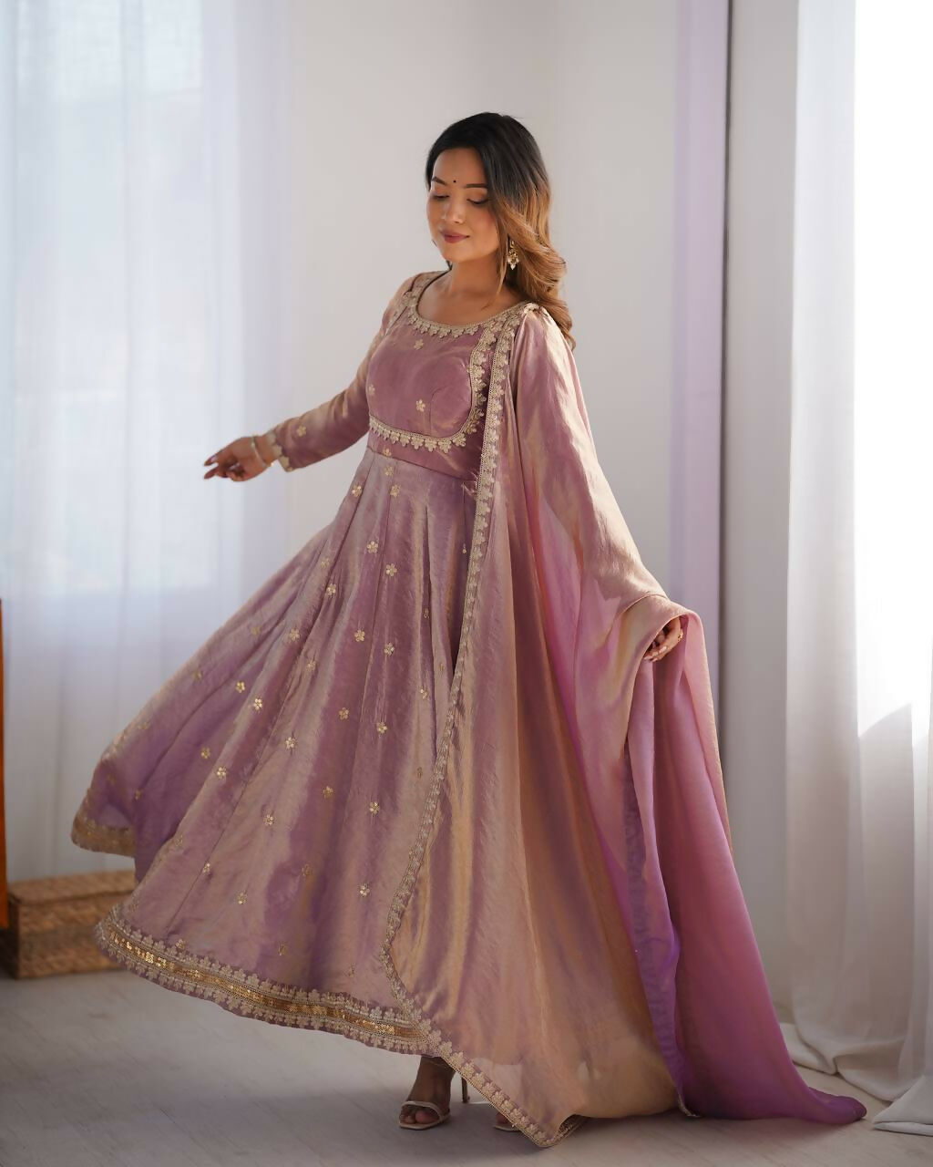 The52 Women's Beautiful Fandy Silk Fabric Embroidery Work Flared Anarkali Pant and Dupatta Set - Distacart