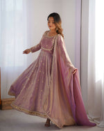 Thumbnail for The52 Women's Beautiful Fandy Silk Fabric Embroidery Work Flared Anarkali Pant and Dupatta Set - Distacart