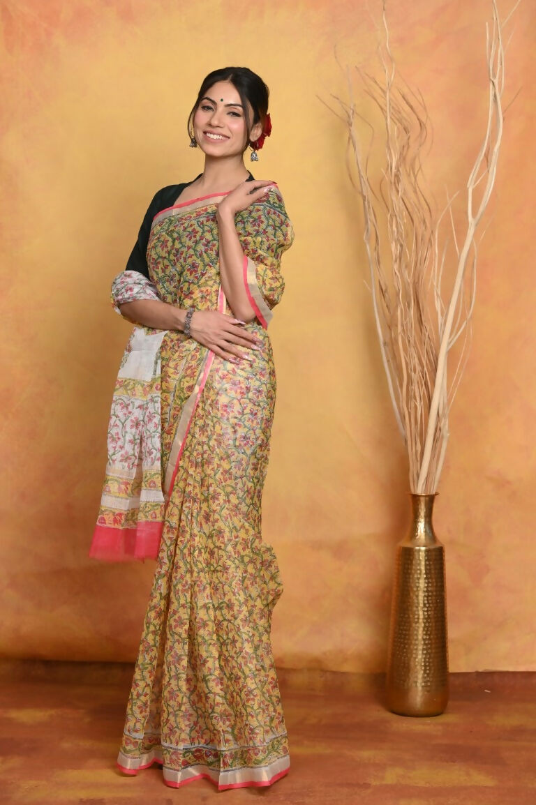 Very Much Indian Pure Kota Cotton Handblock Printed Saree - Yellow - Distacart