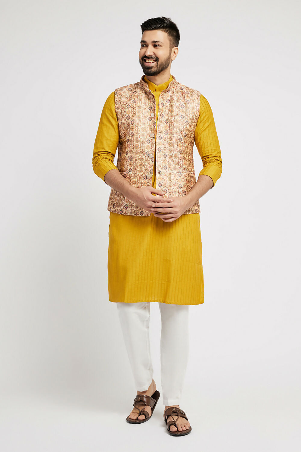 Ethnic India Cream Bundi Men's Jacket Abstract Polyester - Distacart