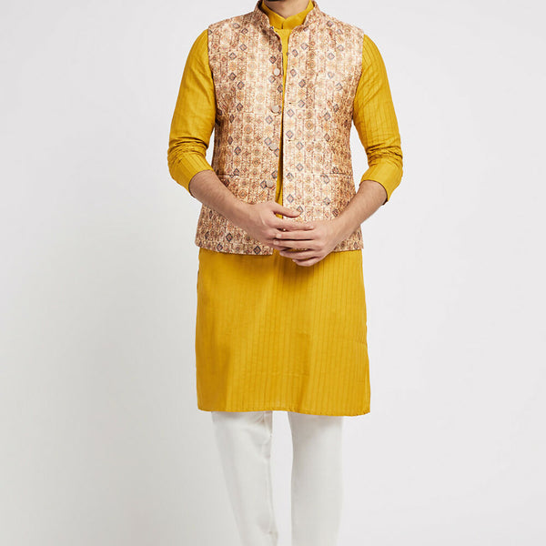 Ethnic India Cream Bundi Men's Jacket Abstract Polyester - Distacart