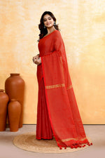 Thumbnail for Piyari Fashion Women's Red Embellished Cotton Blend Zari Check Handloom Saree - Distacart